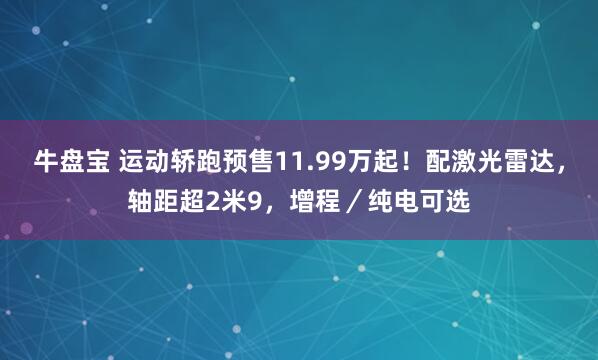 牛盘宝 运动轿跑预售11.99万起！配激光雷达，轴距超2米9，增程／纯电可选